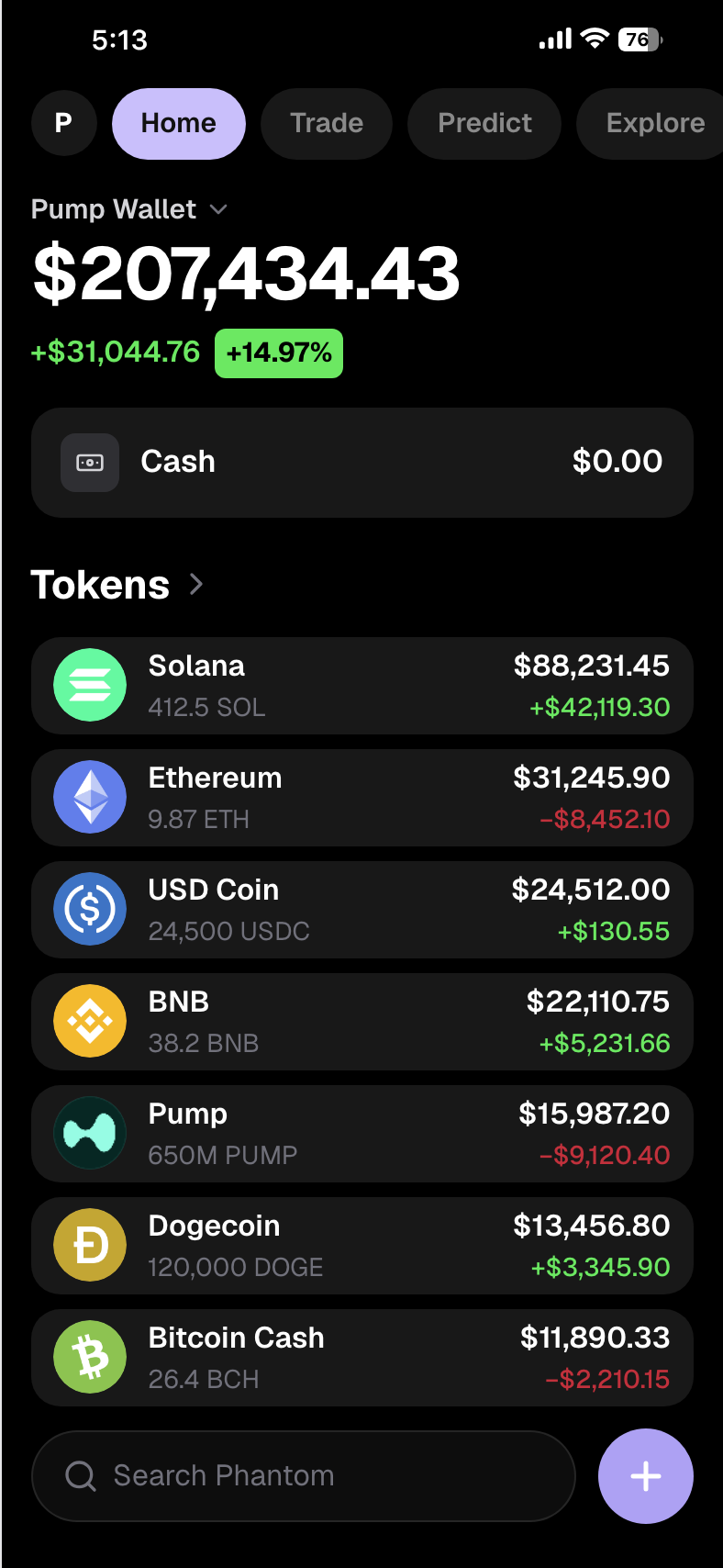 Crypto wallet holdings example Crypto wallet balance screenshot with a large multi-token portfolio