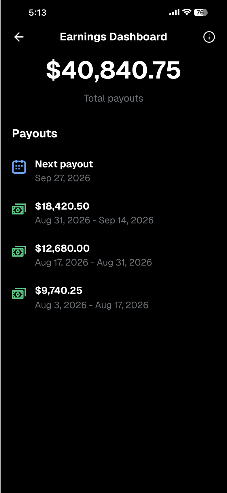 Creator earnings dashboard screenshot with large payout amounts