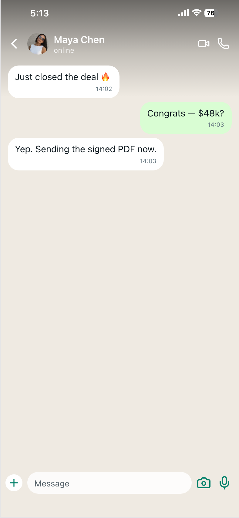 WhatsApp chat example Fake WhatsApp chat screenshot showing a customer confirming a $48k deal